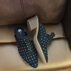 Studded Black Slip-On Block Heel Mules